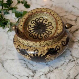 VTG Chinese Cloisonne Enamel Brass Flip top Lid Incense Burner Ashtray